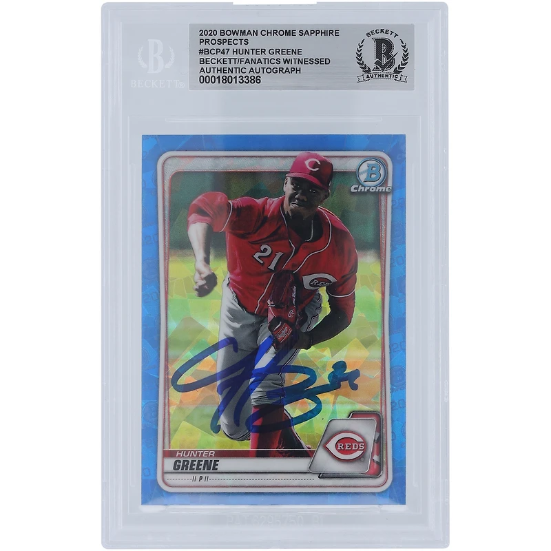 Hunter Greene Cincinnati Reds Autographed 2020 Bowman Chrome Prospects Sapphire #BCP-47 Beckett Fanatics Witnessed Authenticated Card