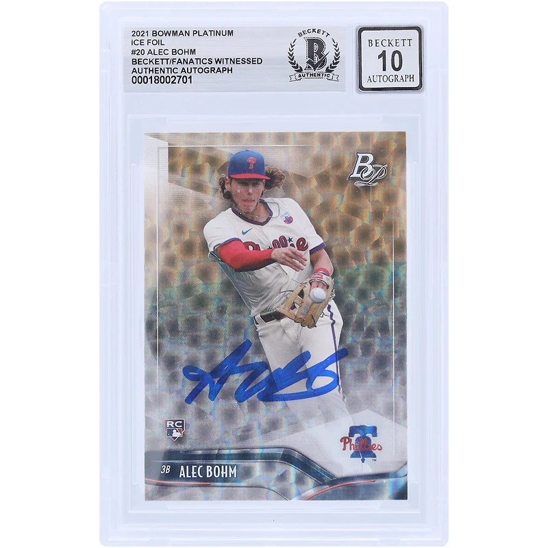 Alec Bohm Philadelphia Phillies Autographed 2021 Bowman Platinum Ice Foil #20 Beckett Fanatics Witnessed Authenticated 10 Rookie Card