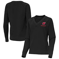 Women's Antigua Heather Black Wisconsin Badgers Varsity V-Neck Tri-Blend Pullover Sweatshirt