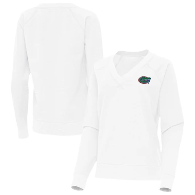 Women's Antigua White Florida Gators Varsity V-Neck Tri-Blend Pullover Sweatshirt