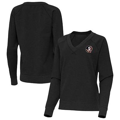 Women's Antigua Heather Black Florida State Seminoles Varsity V-Neck Tri-Blend Pullover Sweatshirt