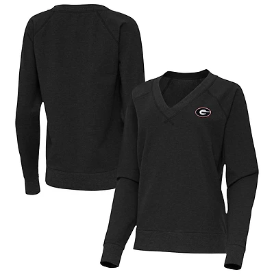 Women's Antigua Heather Black Georgia Bulldogs Varsity V-Neck Tri-Blend Pullover Sweatshirt