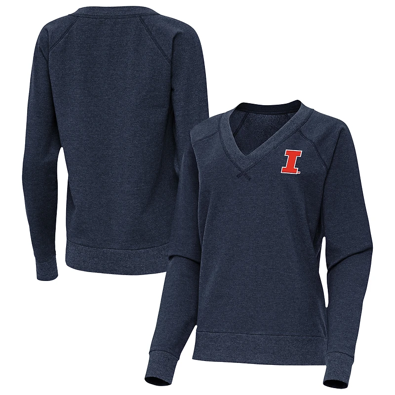 Women's Antigua Heather Navy Illinois Fighting Illini Varsity V-Neck Tri-Blend Pullover Sweatshirt