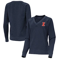 Women's Antigua Heather Navy Illinois Fighting Illini Varsity V-Neck Tri-Blend Pullover Sweatshirt