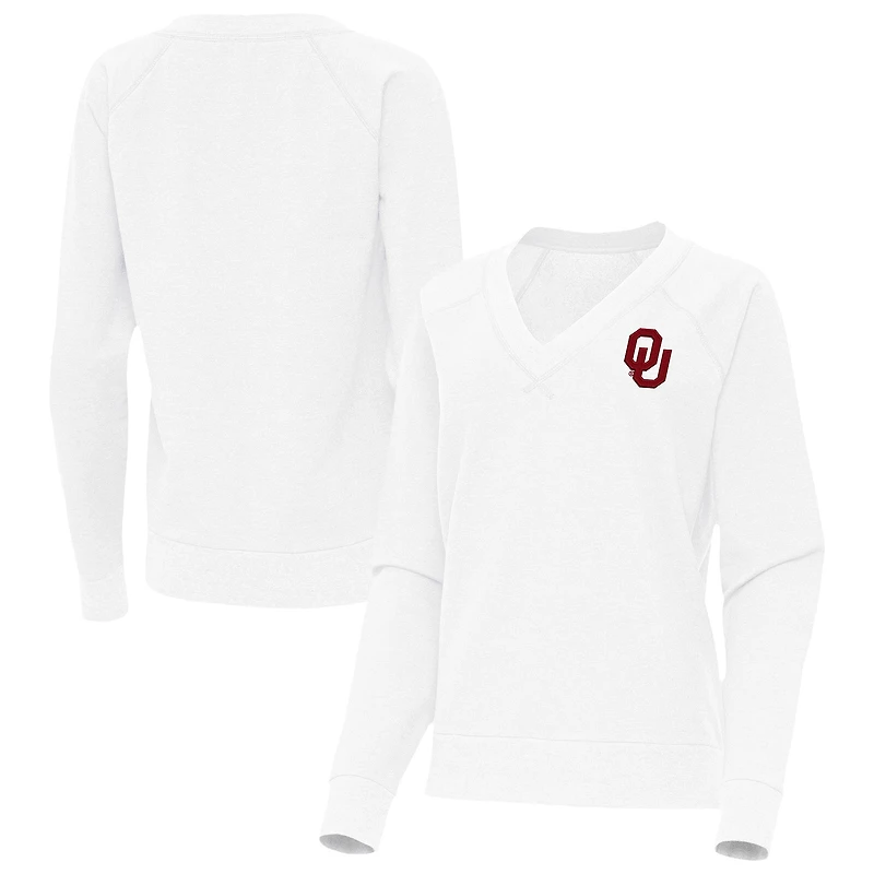 Women's Antigua White Oklahoma Sooners Varsity V-Neck Tri-Blend Pullover Sweatshirt