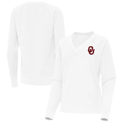 Women's Antigua White Oklahoma Sooners Varsity V-Neck Tri-Blend Pullover Sweatshirt
