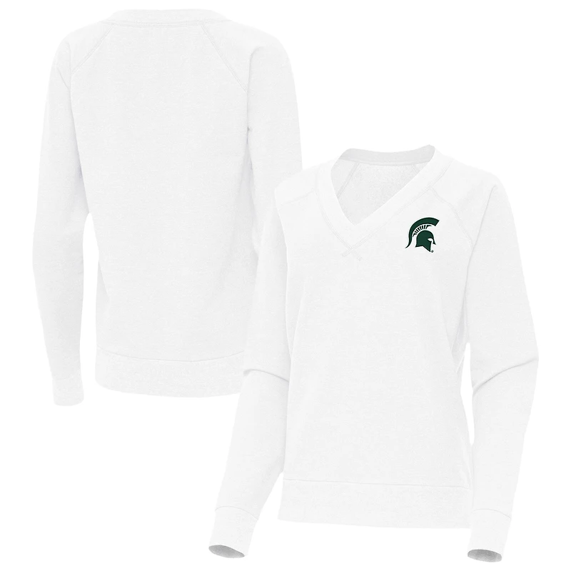 Women's Antigua White Michigan State Spartans Varsity V-Neck Tri-Blend Pullover Sweatshirt
