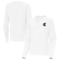 Women's Antigua White Michigan State Spartans Varsity V-Neck Tri-Blend Pullover Sweatshirt