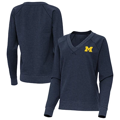 Women's Antigua Heather Navy Michigan Wolverines Varsity V-Neck Tri-Blend Pullover Sweatshirt