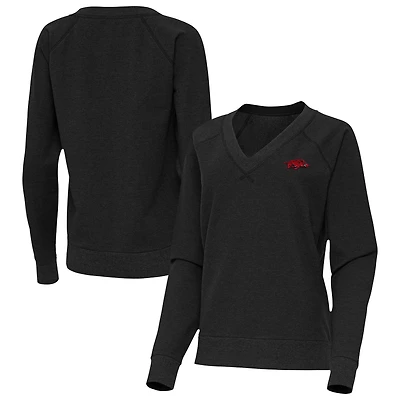 Women's Antigua Heather Black Arkansas Razorbacks Varsity V-Neck Tri-Blend Pullover Sweatshirt