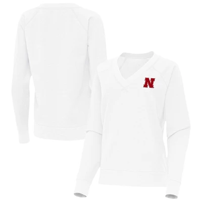 Women's Antigua White Nebraska Huskers Varsity V-Neck Tri-Blend Pullover Sweatshirt
