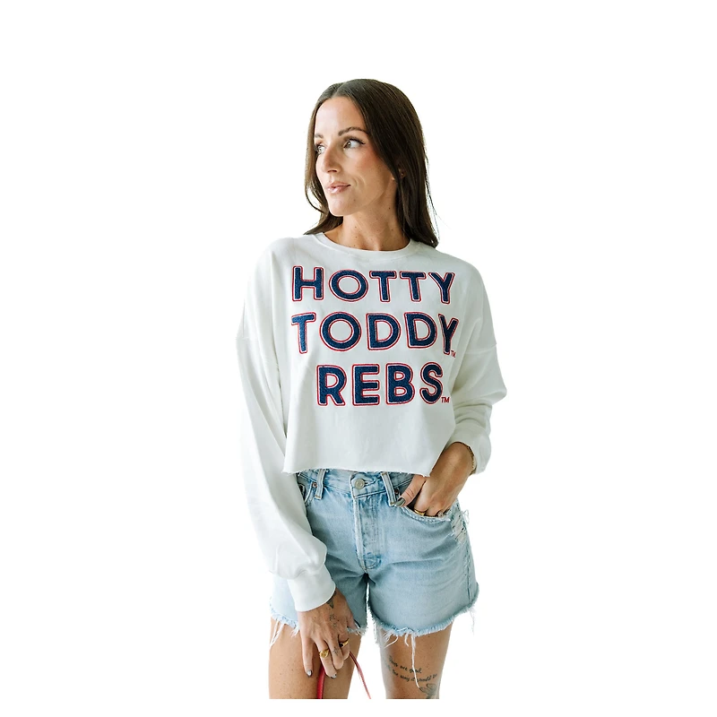Women's Ole Miss Rebels Gameday Social White Raw Edge Boxy Cropped Sweatshirt