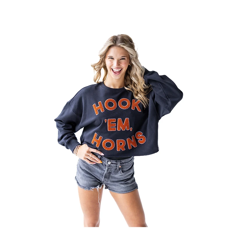 Women's Texas Longhorns Gameday Social Black Raw Edge Boxy Cropped Sweatshirt