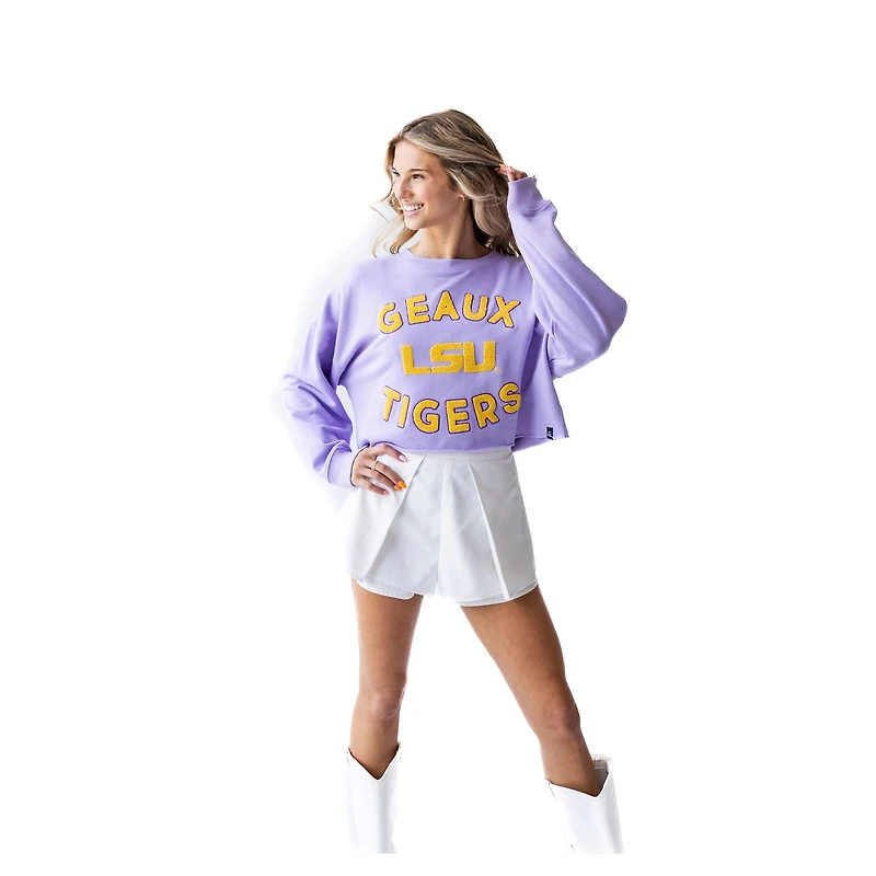 Women's LSU Tigers Gameday Social Lavender Raw Edge Boxy Cropped Sweatshirt