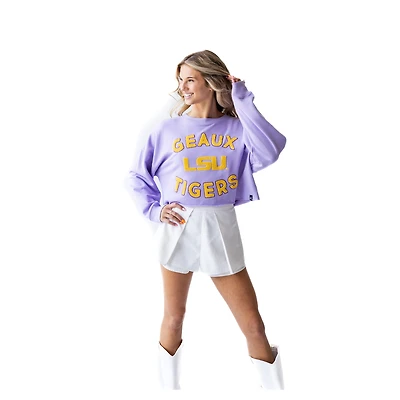 Women's LSU Tigers Gameday Social Lavender Raw Edge Boxy Cropped Sweatshirt