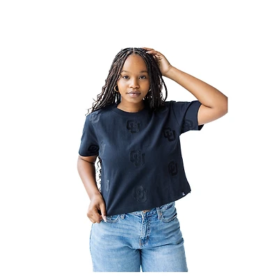 Women's Gameday Social Black Colorado Buffaloes Allover Print Heavyweight Cropped T-Shirt