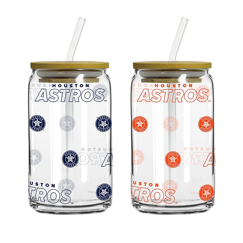 Logo Brands Houston Astros 16oz. Step And Repeat Glass Can with Lid & Straw 2-Pack