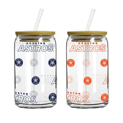 Logo Brands Houston Astros 16oz. Step And Repeat Glass Can with Lid & Straw 2-Pack