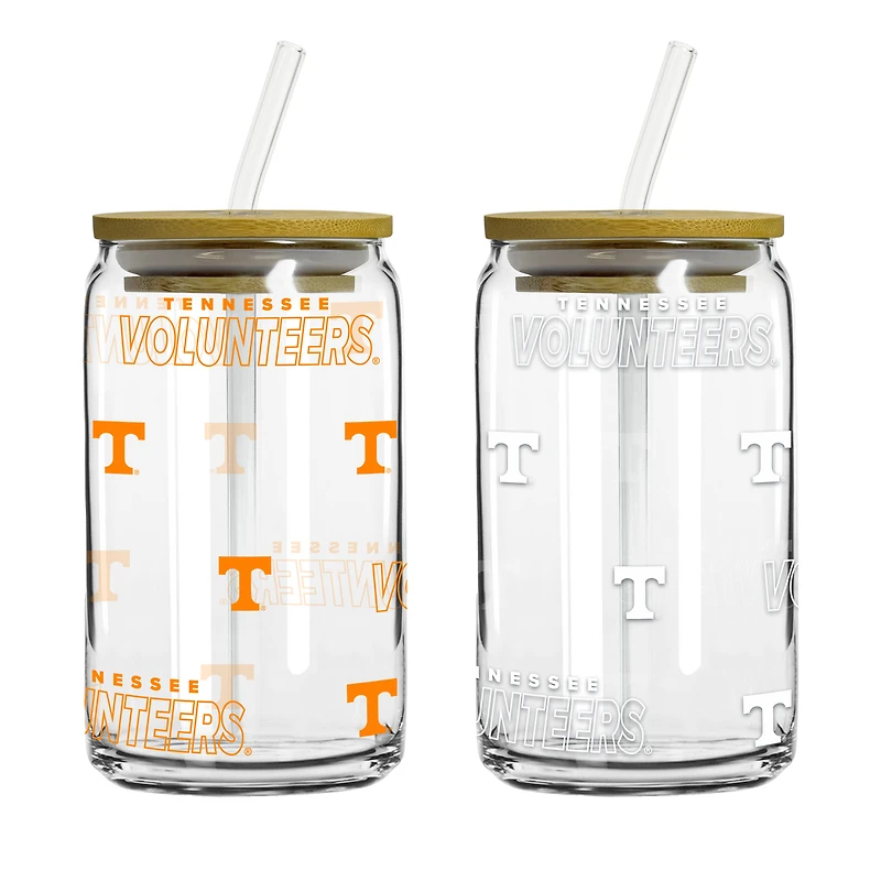Logo Brands Tennessee Volunteers 16oz. Step And Repeat Glass Can with Lid & Straw 2-Pack