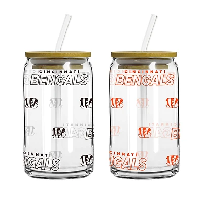 Logo Brands Cincinnati Bengals 16oz. Step And Repeat Glass Can with Lid & Straw 2-Pack