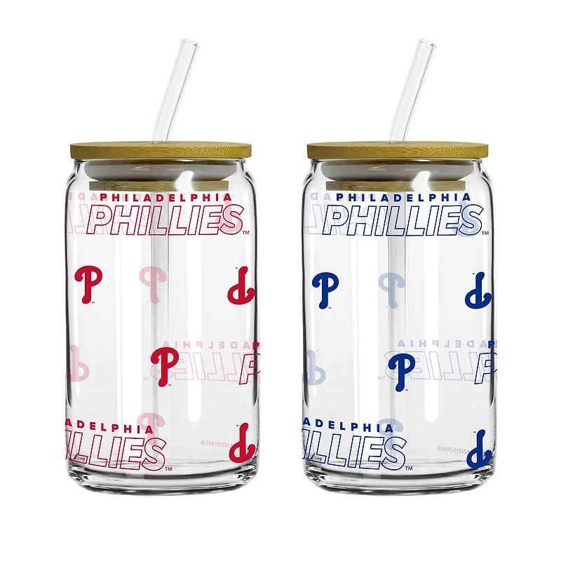 Logo Brands Philadelphia Phillies 16oz. Step And Repeat Glass Can with Lid & Straw 2-Pack