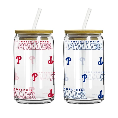 Logo Brands Philadelphia Phillies 16oz. Step And Repeat Glass Can with Lid & Straw 2-Pack