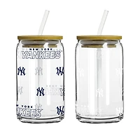 Logo Brands New York Yankees 16oz. Step And Repeat Glass Can with Lid & Straw 2-Pack