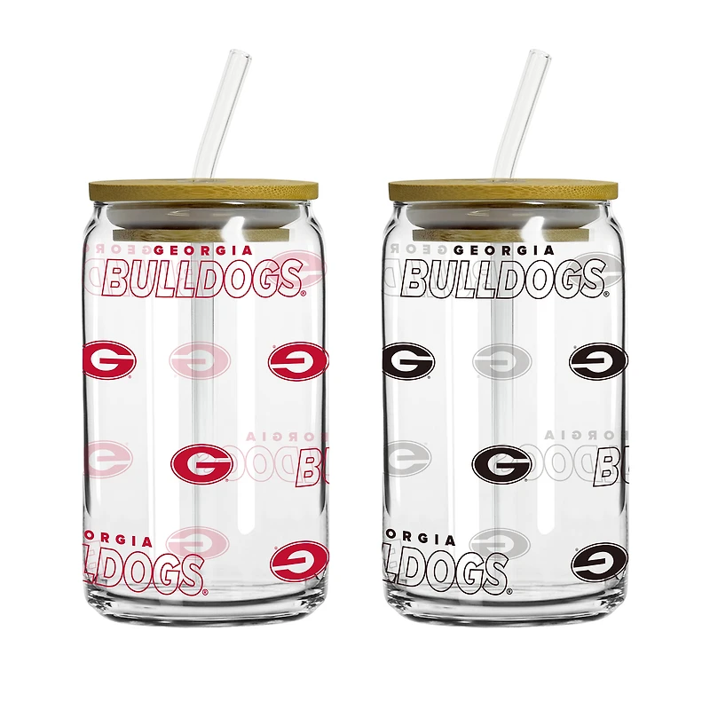 Logo Brands Georgia Bulldogs 16oz. Step And Repeat Glass Can with Lid & Straw 2-Pack