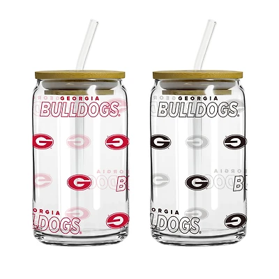 Logo Brands Georgia Bulldogs 16oz. Step And Repeat Glass Can with Lid & Straw 2-Pack