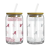 Logo Brands Alabama Crimson Tide 16oz. Step And Repeat Glass Can with Lid & Straw 2-Pack