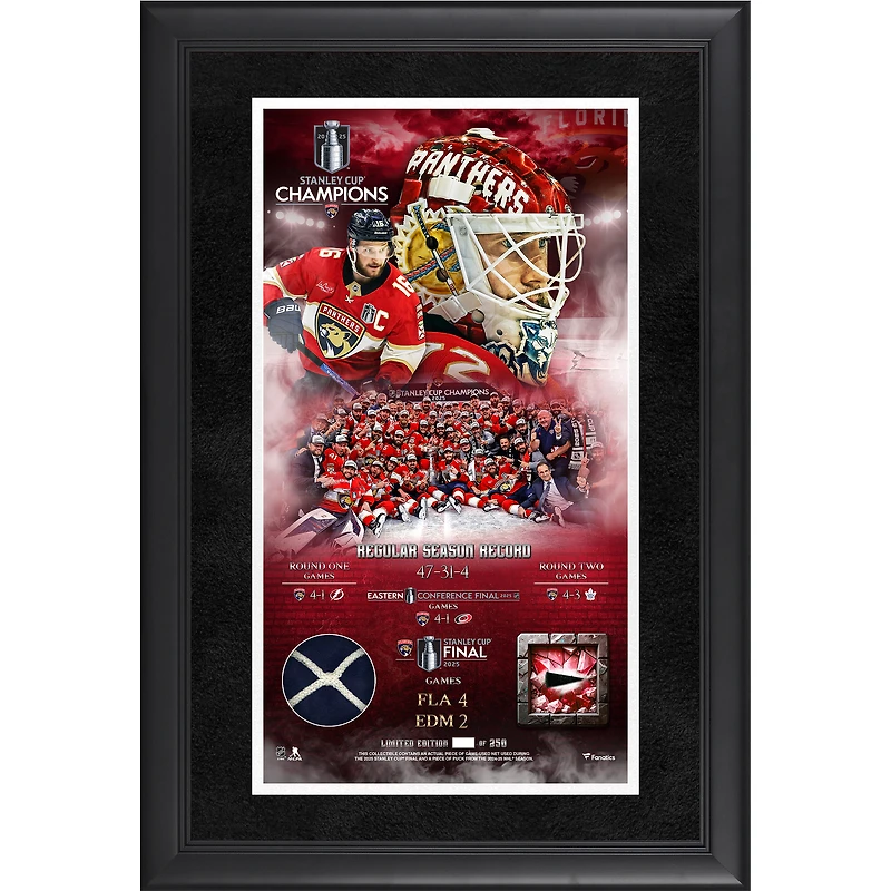 Florida Panthers 2025 Stanley Cup Champions Framed 10" x 18" Collage with a Piece of Game-Used Net from the 2025 Stanley Cup Final & Puck from the 24-25 Season - Limited Edition of 250