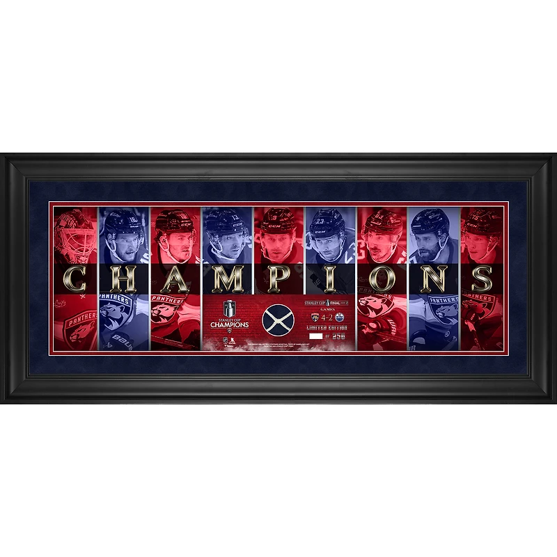 Florida Panthers 2025 Stanley Cup Champions Framed 10" x 30" Champions Panoramic with a Piece of Game-Used Net from the 2025 Stanley Cup Final - Limited Edition of 250