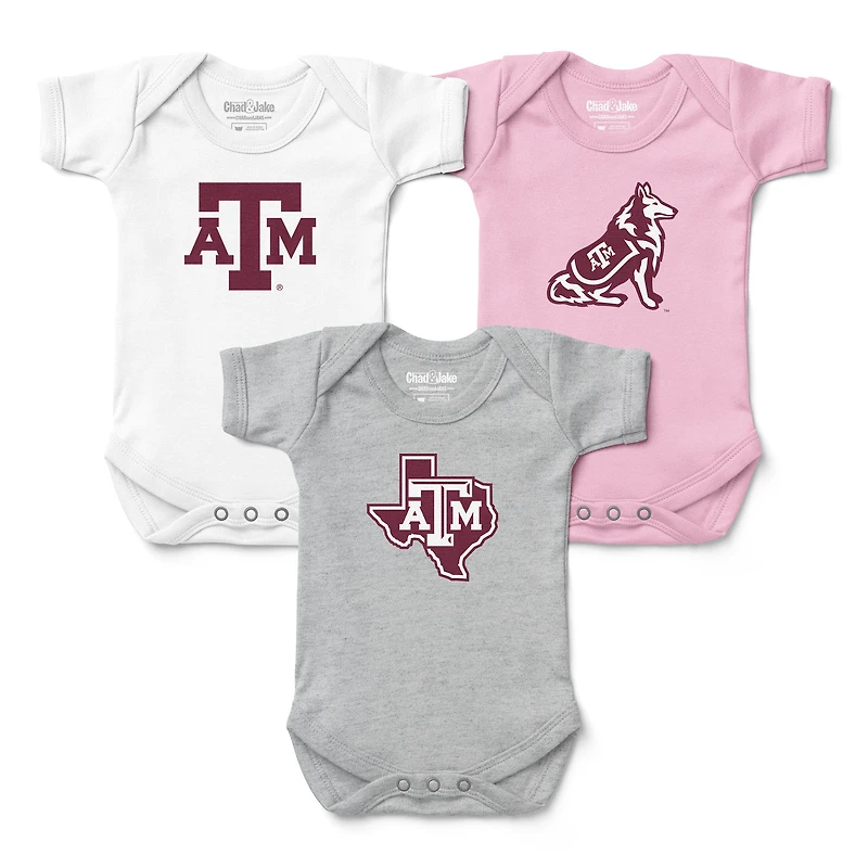 Newborn & Infant Chad Jake White/Gray/ Texas A&M Aggies Three-Pack Primary Logo Bodysuit Set