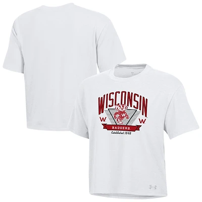 Women's Under Armour White Wisconsin Badgers Essentials Icon Ultra-Soft Tri-Blend Boxy Cropped T-Shirt