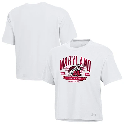 Women's Under Armour White Maryland Terrapins Essentials Icon Ultra-Soft Tri-Blend Boxy Cropped T-Shirt