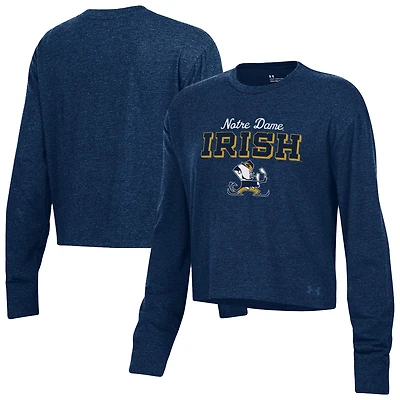 Women's Under Armour Heather Navy Notre Dame Fighting Irish Essentials Icon Ultra-Soft Cropped Long Sleeve Tri-Blend Performance T-Shirt