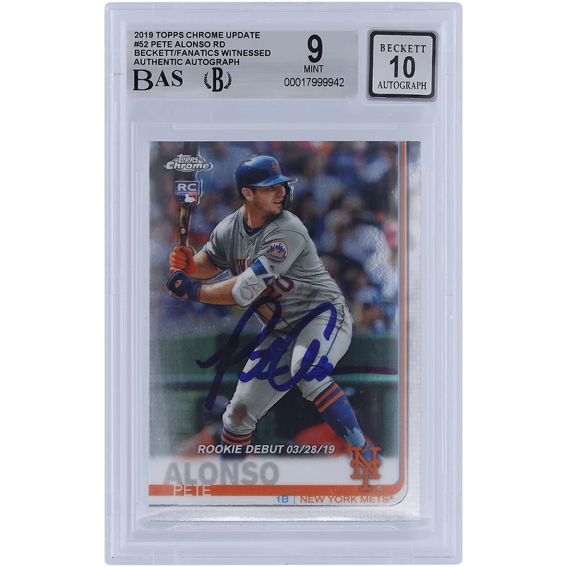 Pete Alonso New York Mets Autographed 2019 Topps Chrome Update #52 Beckett Fanatics Witnessed Authenticated 9/10 Rookie Card