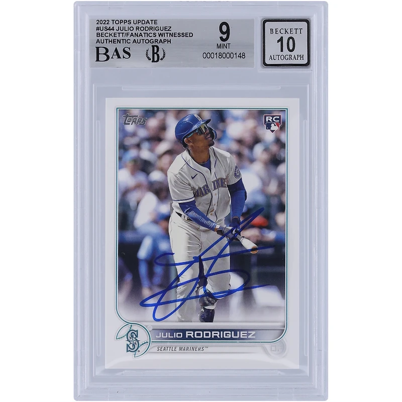 Julio Rodriguez Seattle Mariners Autographed 2022 Topps Update #US44 Beckett Fanatics Witnessed Authenticated 9/10 Rookie Card