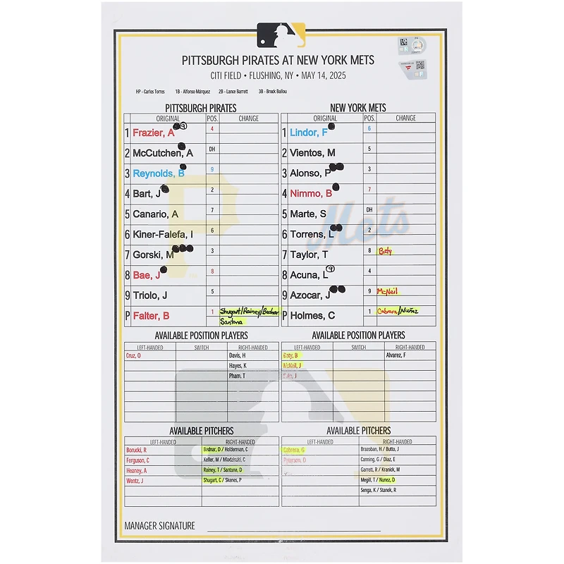 Pittsburgh Pirates Game-Used Lineup Card vs. New York Mets on May 14, 2025