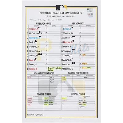 Pittsburgh Pirates Game-Used Lineup Card vs. New York Mets on May 14, 2025