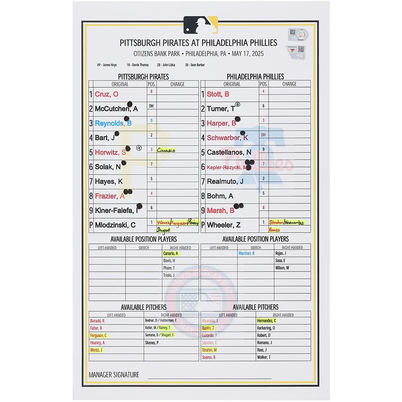 Pittsburgh Pirates Game-Used Lineup Card vs. Philadelphia Phillies on May 17, 2025