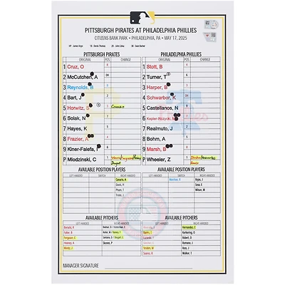 Pittsburgh Pirates Game-Used Lineup Card vs. Philadelphia Phillies on May 17, 2025