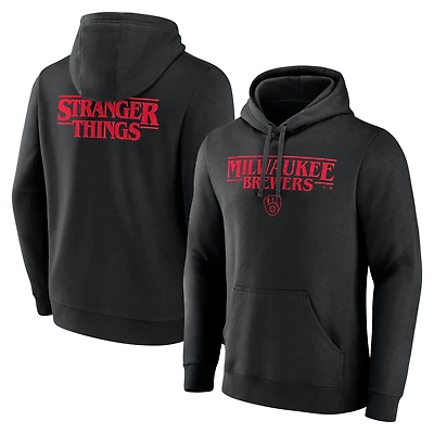 Men's Black Milwaukee Brewers Stranger Things Logo Lockup Pullover Hoodie