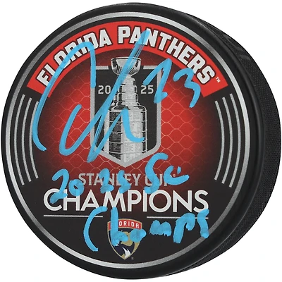 Carter Verhaeghe Florida Panthers Autographed 2025 Stanley Cup Champions Hockey Puck with "2025 SC Champs" Inscription
