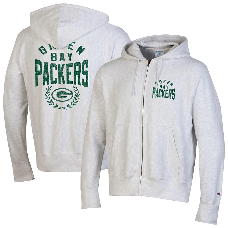 Men's Champion Heather Gray Green Bay Packers Reverse Weave Full-Zip Hoodie