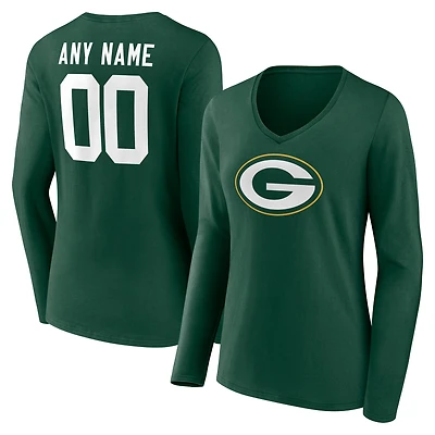 Women's Green Green Bay Packers Team Authentic Custom Name & Number Long Sleeve V-Neck T-Shirt