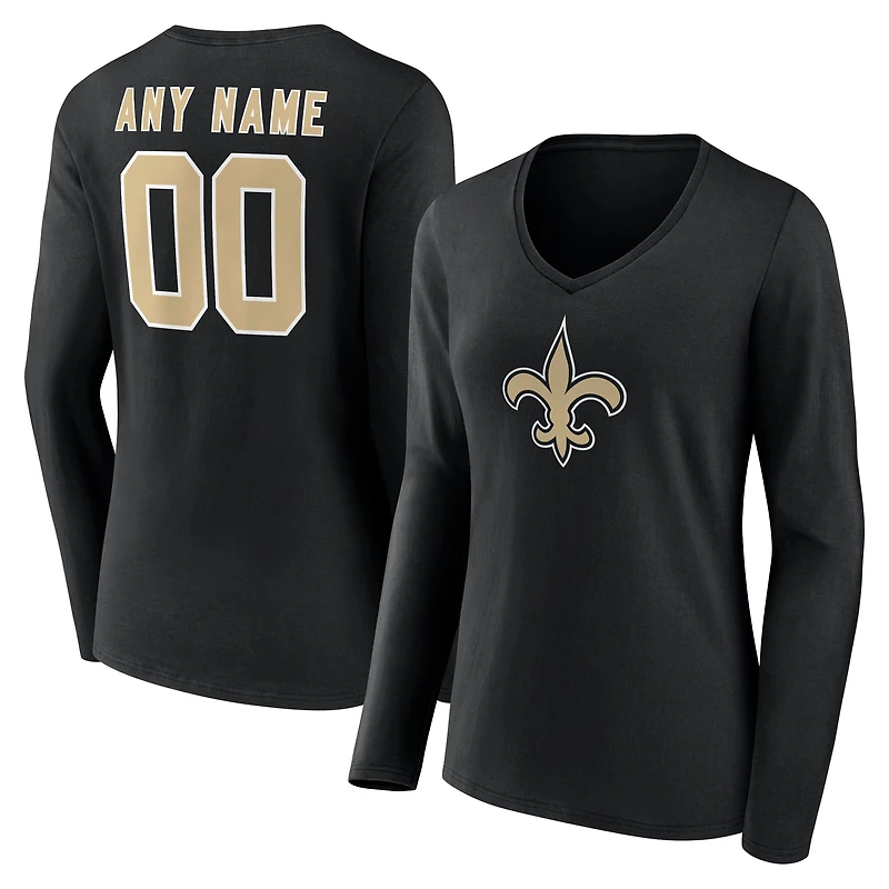 Women's Black New Orleans Saints Team Authentic Custom Name & Number Long Sleeve V-Neck T-Shirt