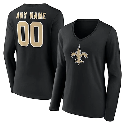 Women's Black New Orleans Saints Team Authentic Custom Name & Number Long Sleeve V-Neck T-Shirt