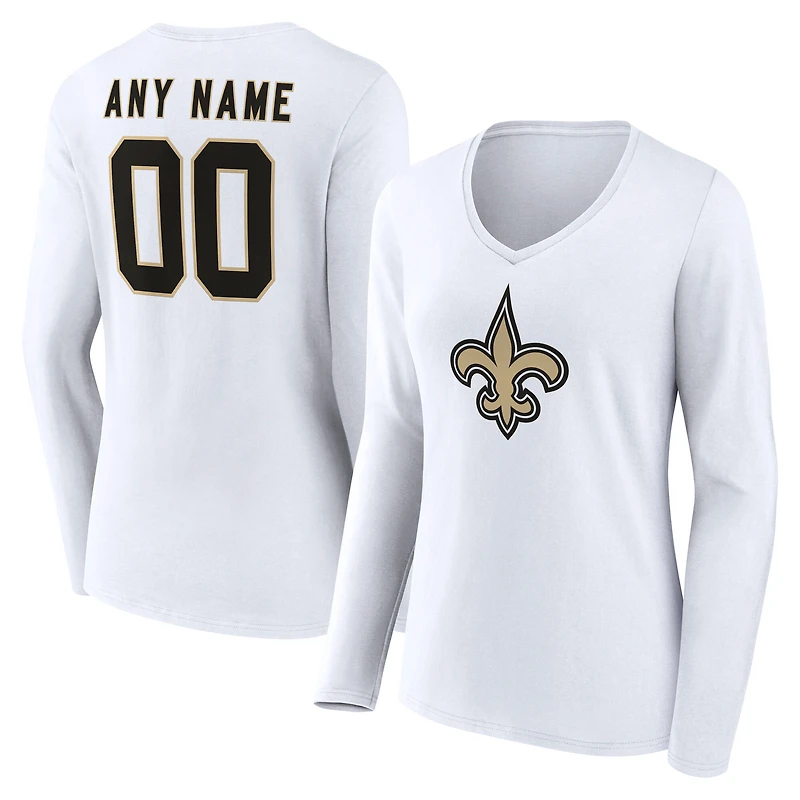 Women's White New Orleans Saints Team Authentic Custom Name & Number Long Sleeve V-Neck T-Shirt