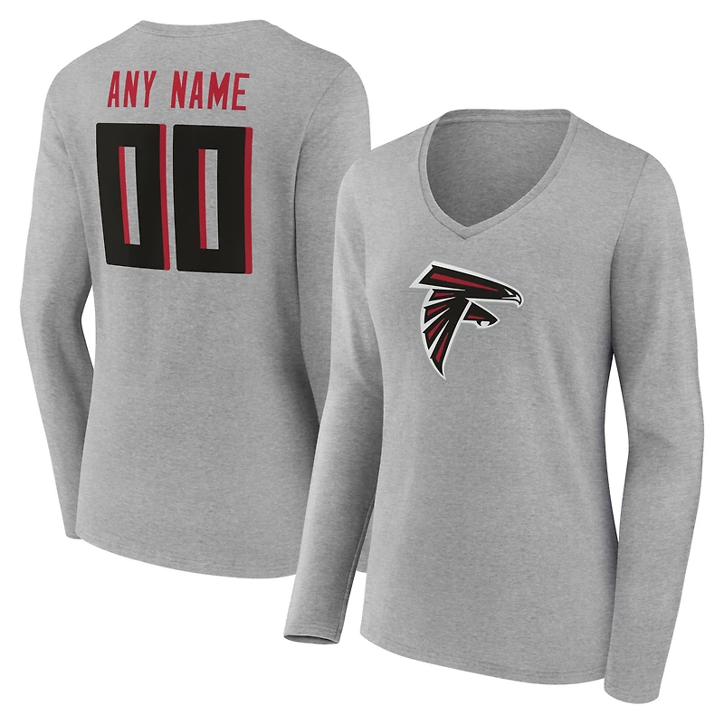 Women's Gray Atlanta Falcons Team Authentic Custom Name & Number Long Sleeve V-Neck T-Shirt